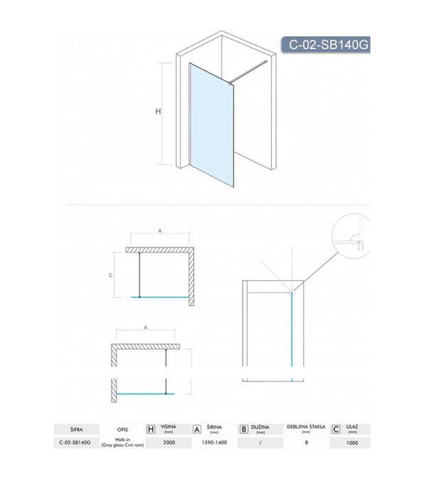 Tuš stena C-02-SB140G Concept Monte-Dark 140x200